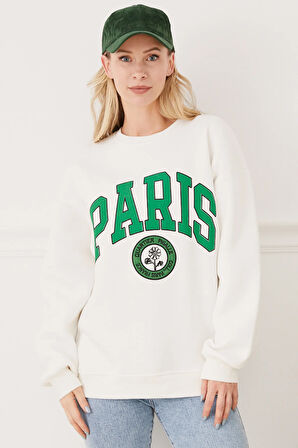 Go Veform Kadın Paris Baskılı Üç İplik Sweatshirt Ekru  Ekru ZN5107