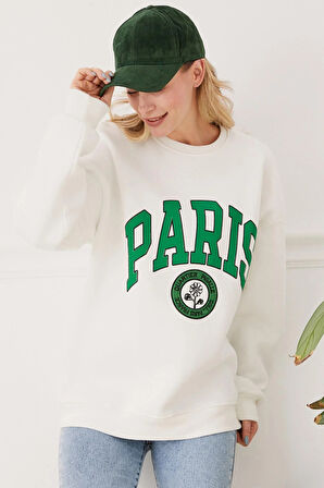 Go Veform Kadın Paris Baskılı Üç İplik Sweatshirt Ekru  Ekru ZN5107