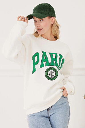 Go Veform Kadın Paris Baskılı Üç İplik Sweatshirt Ekru  Ekru ZN5107