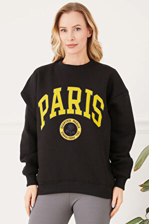 Go Veform Kadın Paris Baskılı Üç İplik Sweatshirt Siyah  Siyah ZN5107