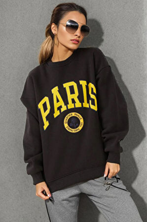 Go Veform Kadın Paris Baskılı Üç İplik Sweatshirt Siyah  Siyah ZN5107