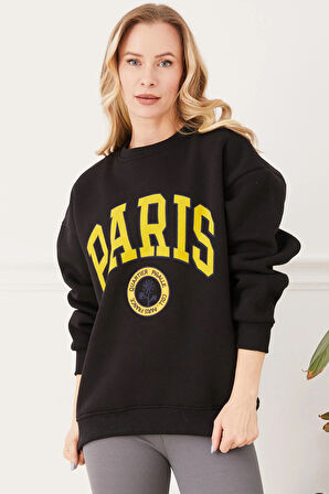 Go Veform Kadın Paris Baskılı Üç İplik Sweatshirt Siyah  Siyah ZN5107