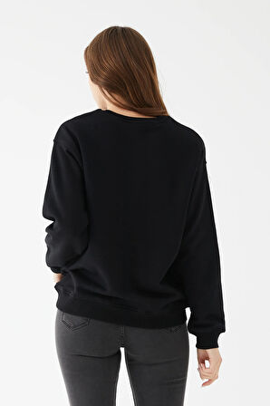 Go Veform Kadın Sıfır Yaka Baskılı Üç İp İçi Şardonlu Sweatshirt Siyah ZN5110
