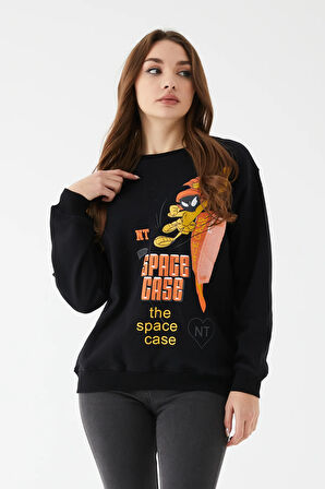 Go Veform Kadın Sıfır Yaka Baskılı Üç İp İçi Şardonlu Sweatshirt Siyah ZN5110