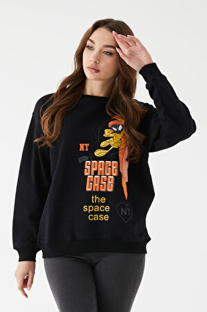 Go Veform Kadın Sıfır Yaka Baskılı Üç İp İçi Şardonlu Sweatshirt Siyah ZN5110