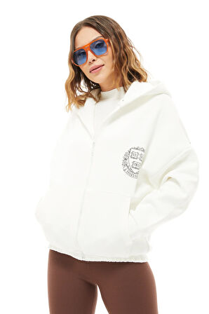 Go Veform Kadın Yarasa Kol Fermuarlı Cepli Kapüşonlu Sweatshirt Ekru ZN5119