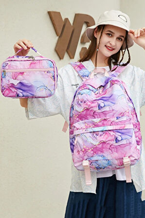 Kız Çocuk 2 li Okul Çanta Seti Beslenme Çantası + Laptop Bölmeli Sırt Çantası Fuşya OSÇ2205-2