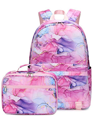 Kız Çocuk 2 li Okul Çanta Seti Beslenme Çantası + Laptop Bölmeli Sırt Çantası Fuşya OSÇ2205-2