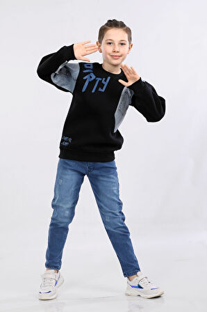 Erkek Çocuk Üç İp Kot Detaylı Sweatshirt Siyah MRN7002
