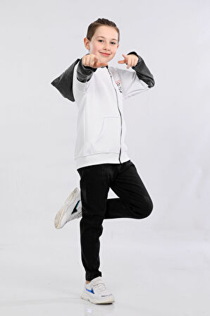 Erkek Çocuk İki İp Kot Detaylı Fermuarlı Kapüşonlu Sweatshirt Beyaz MRN7004