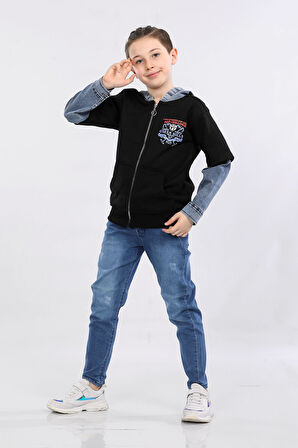 Erkek Çocuk İki İp Kot Detaylı Fermuarlı Kapüşonlu Sweatshirt Siyah MRN7003