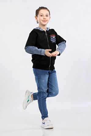 Erkek Çocuk İki İp Kot Detaylı Fermuarlı Kapüşonlu Sweatshirt Siyah MRN7004