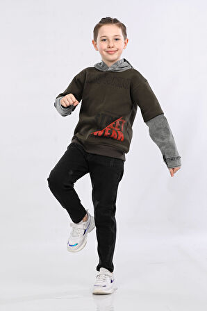 Erkek Çocuk Üç İp Kot Detaylı Şardonlu Kapüşonlu Sweatshirt Haki MRN7009