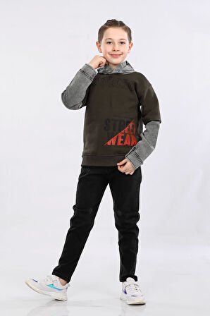 Erkek Çocuk Üç İp Kot Detaylı Şardonlu Kapüşonlu Sweatshirt Haki MRN7010