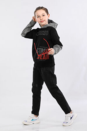 Erkek Çocuk Üç İp Kot Detaylı Şardonlu Kapüşonlu Sweatshirt Siyah MRN7010
