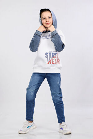 Erkek Çocuk Üç İp Kot Detaylı Şardonlu Kapüşonlu Sweatshirt Beyaz MRN7010