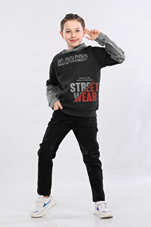 Erkek Çocuk Üç İp Kot Detaylı Şardonlu Kapüşonlu Sweatshirt Füme MRN7009