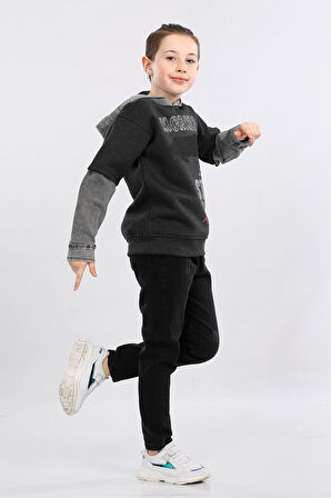 Erkek Çocuk Üç İp Kot Detaylı Şardonlu Kapüşonlu Sweatshirt Füme MRN7009