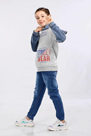 Erkek Çocuk Üç İp Kot Detaylı Şardonlu Kapüşonlu Sweatshirt Gri MRN7010