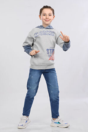 Erkek Çocuk Üç İp Kot Detaylı Şardonlu Kapüşonlu Sweatshirt Gri MRN7010