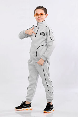 Erkek Çocuk Üç İp Şardonlu Kışlık Eşofman Takımı Gri MRN51204