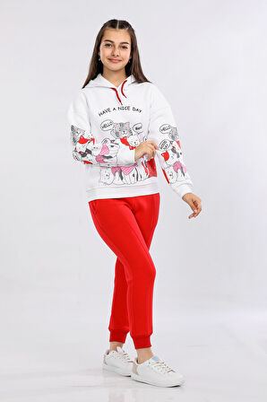 Kız Çocuk Kedi Baskılı Kapüşonlu Kışlık Eşofman Takımı Kırmızı MRN71103