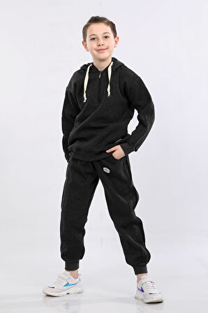 Çocuk Üç İp Şardonlu Kapüşonlu Kışlık Eşofman Takımı Füme MRN51203