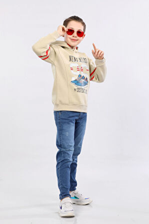 Erkek Çocuk Üç İp İçi Şardonlu Baskılı Kapüşonlu Kışlık Sweatshirt Bej MRN7015