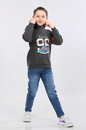 Erkek Çocuk Üç İp İçi Şardonlu Baskılı Kapüşonlu Kışlık Sweatshirt Gri MRN7015