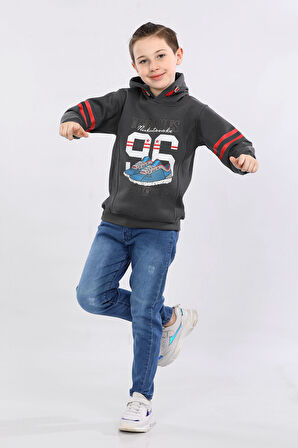 Erkek Çocuk Üç İp İçi Şardonlu Baskılı Kapüşonlu Kışlık Sweatshirt Gri MRN7016