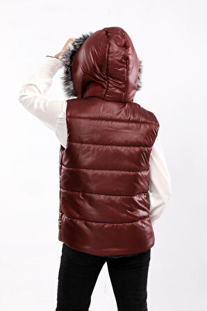 Kürk Kapüşonlu Çocuk Şişme Yelek Bordo AVM07273