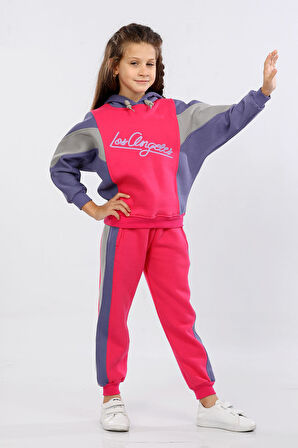 Kışlık Kalın Kız Çocuk Kapüşonlu Reglan Kol Detaylı Eşofman Takımı Fuşya MRN71100