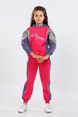Kışlık Kalın Kız Çocuk Kapüşonlu Reglan Kol Detaylı Eşofman Takımı Fuşya MRN71100