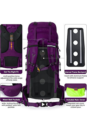 Profesyonel Outdoor Dağcılık, Kamp ve Yürüyüş Sırt Çantası (65+5  Litre) Mor 8921