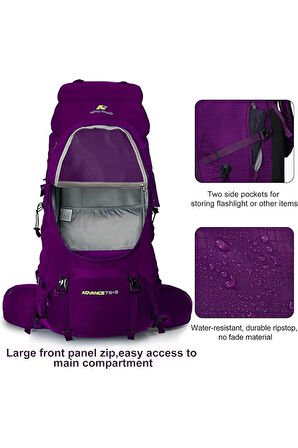 Profesyonel Outdoor Dağcılık, Kamp ve Yürüyüş Sırt Çantası (65+5  Litre) Mor 8921
