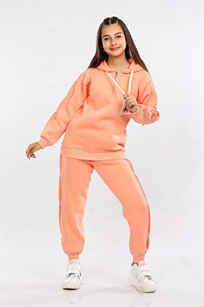 Kız Çocuk Üç İp Şardonlu Kışlık Eşofman Takımı Somon MRN71118