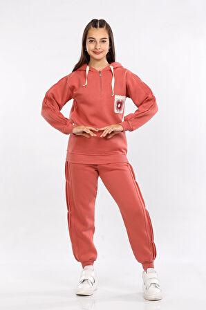 Kız Çocuk Üç İp Şardonlu Kışlık Eşofman Takımı Gül Kurusu MRN71118