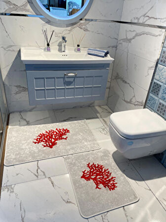 Mercan 2'li Lateks Taban Banyo Paspas Takımı (60X100 - 60X50) Gri-kırmızı
