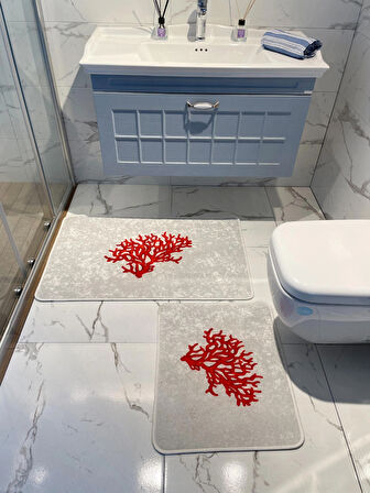 Mercan 2'li Lateks Taban Banyo Paspas Takımı (60X100 - 60X50) Gri-kırmızı