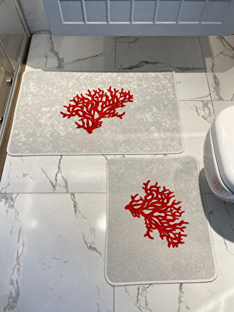 Mercan 2'li Lateks Taban Banyo Paspas Takımı (60X100 - 60X50) Gri-kırmızı