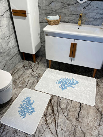 Mercan 2'li Lateks Kaymaz Taban Su Geçirmez Banyo Paspas Takımı (60x100 - 60x50) Gri-mavi