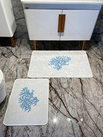 Mercan 2'li Lateks Kaymaz Taban Su Geçirmez Banyo Paspas Takımı (60x100 - 60x50) Gri-mavi