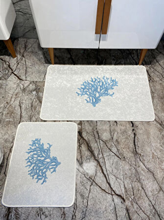 Mercan 2'li Lateks Kaymaz Taban Su Geçirmez Banyo Paspas Takımı (60x100 - 60x50) Gri-mavi