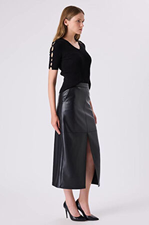 Fever Lara Yırtmaç Detaylı Kadın Deri Etek 342113013