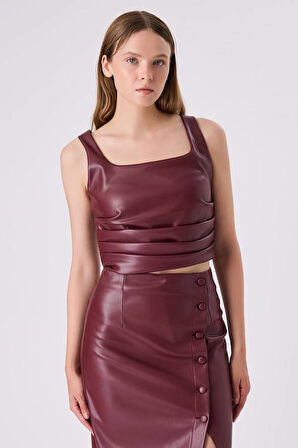 Fever Büzgülü Deri Kadın Crop Bluz 342114029