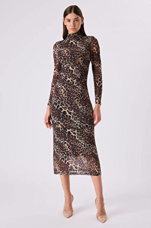 Fever Leopar Desenli Tül Kadın Elbise 342116009