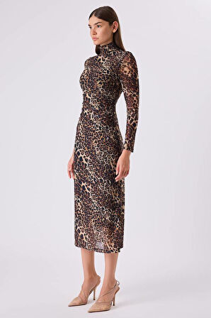 Fever Leopar Desenli Tül Kadın Elbise 342116009
