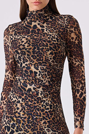 Fever Leopar Desenli Tül Kadın Elbise 342116009