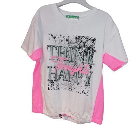 7-14 Yaş Kız Çocuk T-Shirt Baskılı Beyaz - Pembe Belden Lastikli