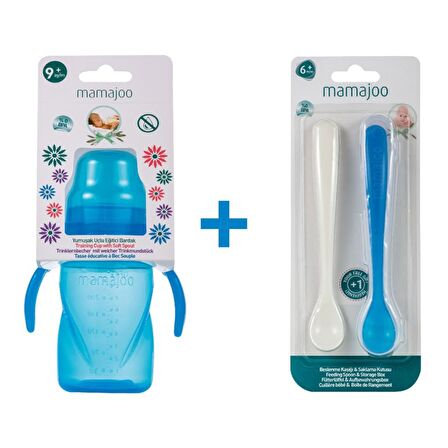 Mamajoo Kulplu Eğitici Bardak 270 ml & İkili Beslenme Kaşığı / Mavi